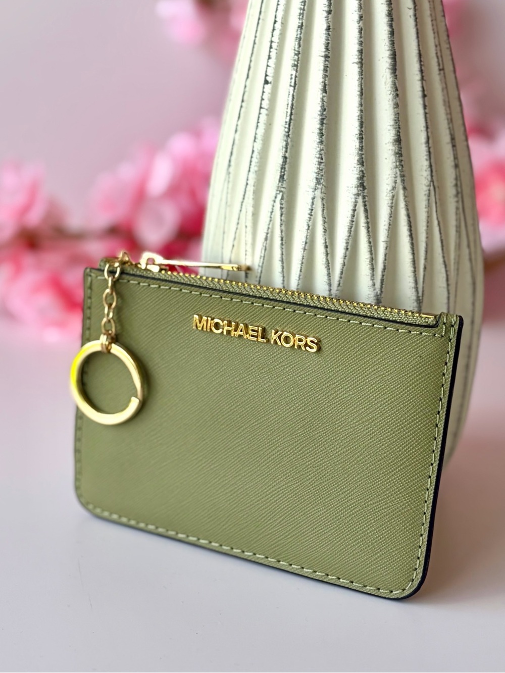 Michael Kors Olive Green Saffiano Cardholder Small Wallet with Gold Keyring